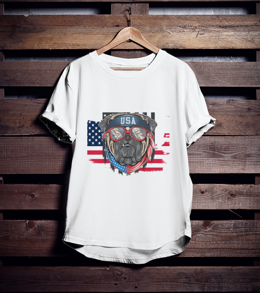 USA Bandana Glasses American Bulldog With Flag Background T-Shirt