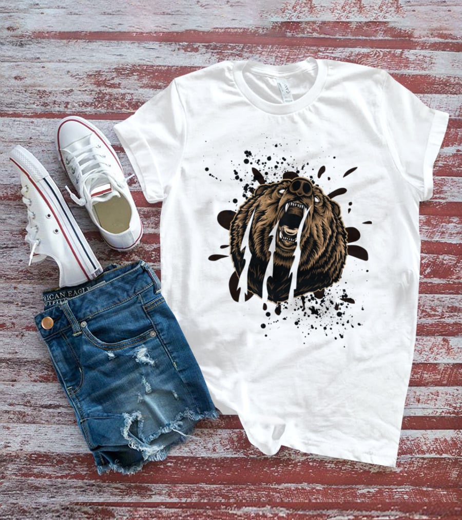 Roaring Bear With Splatter Effect And Claw Marks T-Shirt