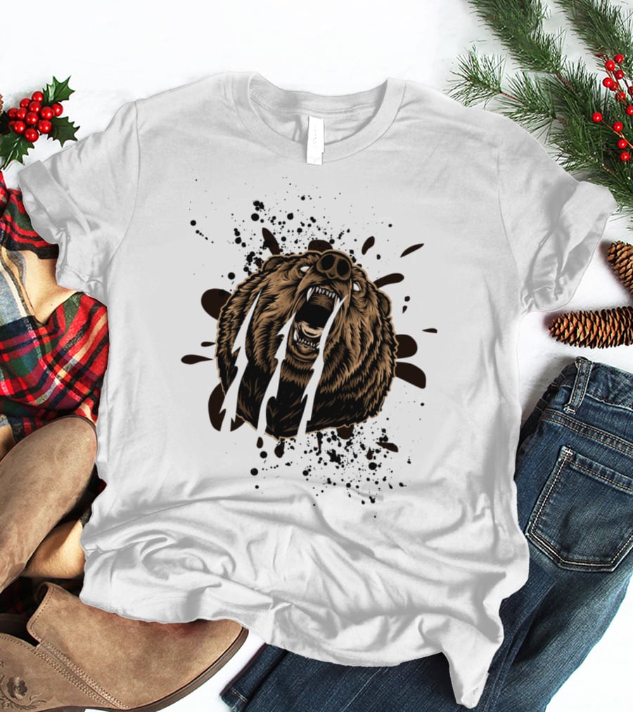 Roaring Bear With Splatter Effect And Claw Marks T-Shirt
