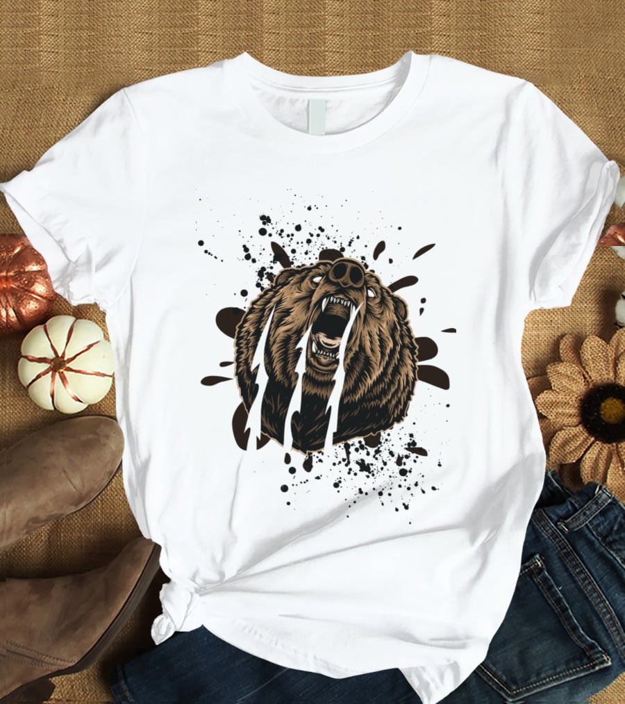 Roaring Bear With Splatter Effect And Claw Marks T-Shirt