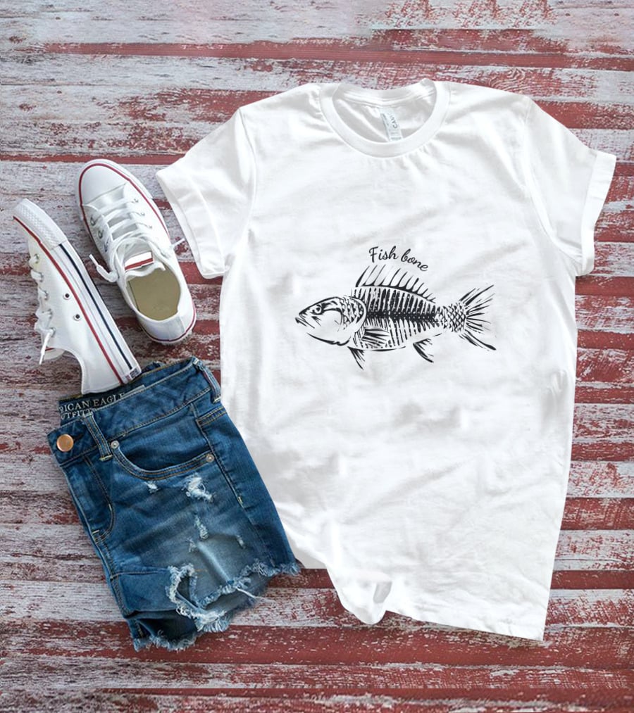 Fish Bone Hand-Drawn Sketch With Text Detailing T-Shirt