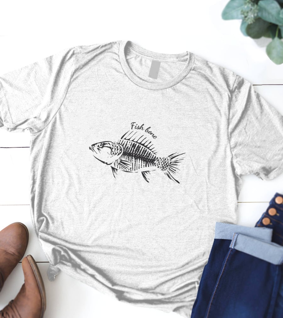 Fish Bone Hand-Drawn Sketch With Text Detailing T-Shirt