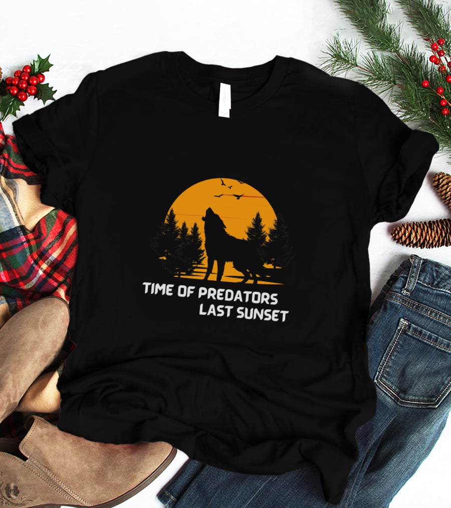 Time Of Predators Last Sunset Wolf Silhouette Against Orange Sky With Trees And Birds T-Shirt