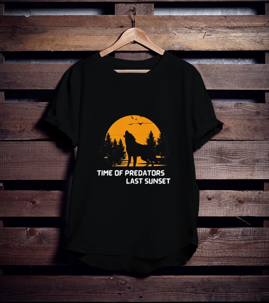 Time Of Predators Last Sunset Wolf Silhouette Against Orange Sky With Trees And Birds T-Shirt