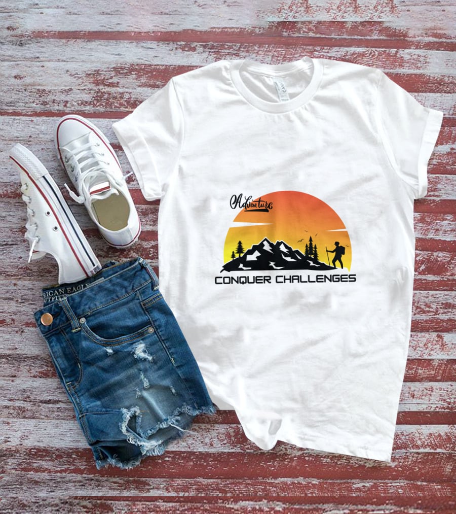 Adventure Conquer Challenges Mountain Hiking Silhouette Sunset Scene T-Shirt