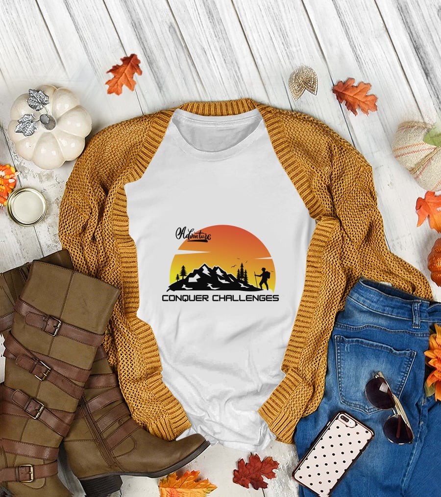 Adventure Conquer Challenges Mountain Hiking Silhouette Sunset Scene T-Shirt