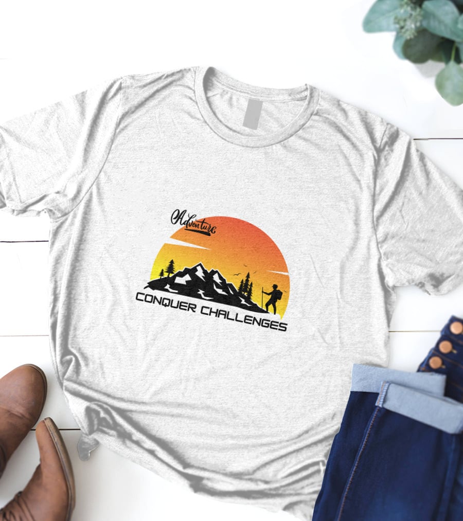 Adventure Conquer Challenges Mountain Hiking Silhouette Sunset Scene T-Shirt