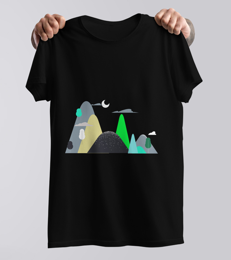 Mountains Moon Night Scene With Trees And Clouds T-Shirt