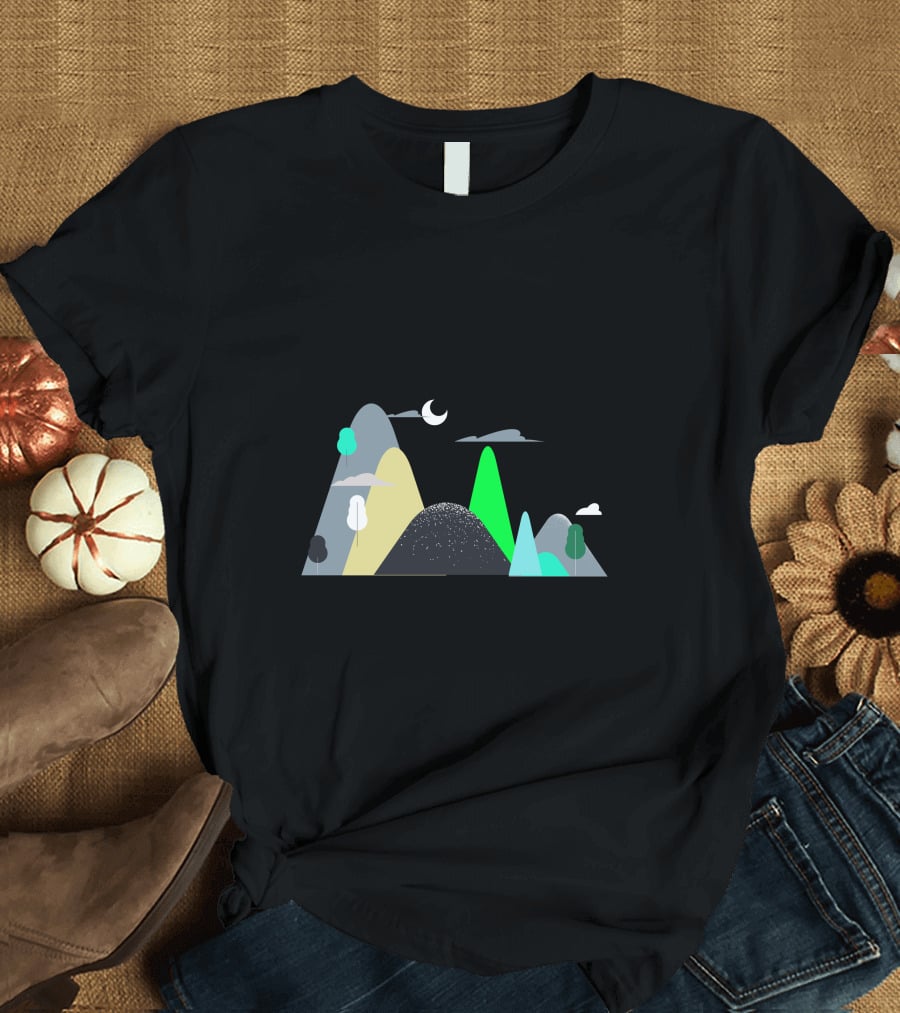 Mountains Moon Night Scene With Trees And Clouds T-Shirt