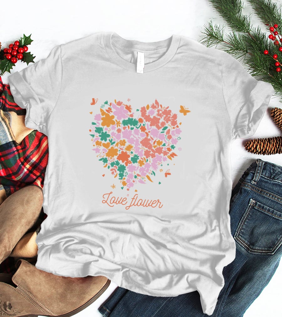 Love Flower Heart With Colorful Floral Pattern And Butterflies T-Shirt