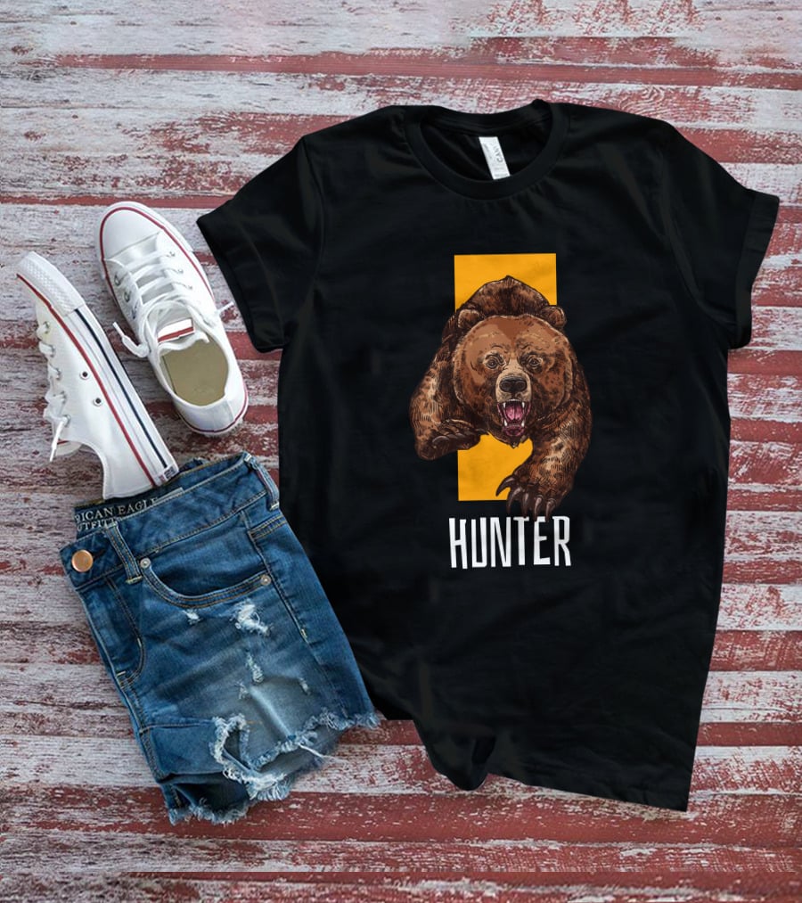 Hunter Bear With Aggressive Roar On Vertical Yellow Stripe T-Shirt