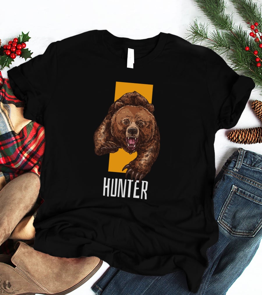 Hunter Bear With Aggressive Roar On Vertical Yellow Stripe T-Shirt