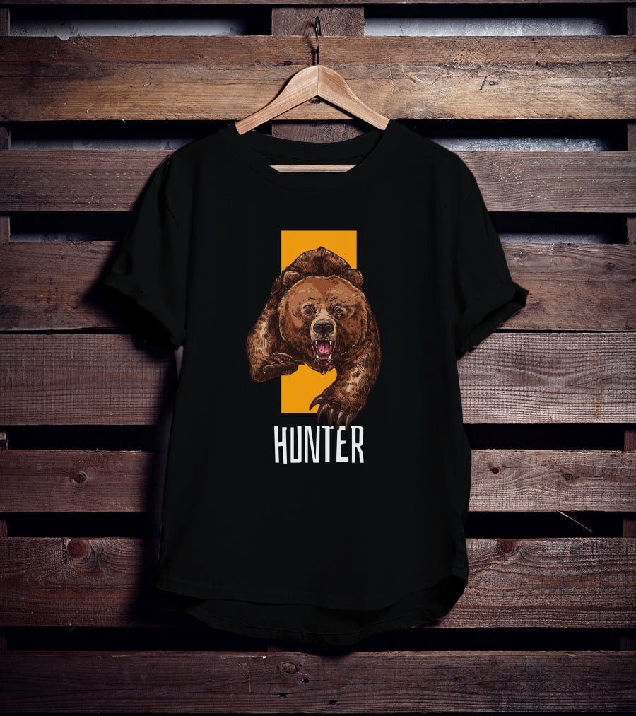 Hunter Bear With Aggressive Roar On Vertical Yellow Stripe T-Shirt