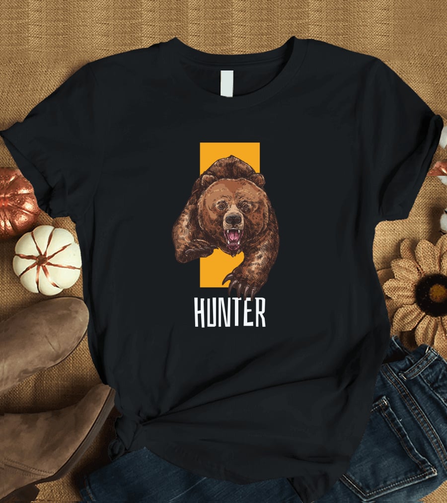 Hunter Bear With Aggressive Roar On Vertical Yellow Stripe T-Shirt