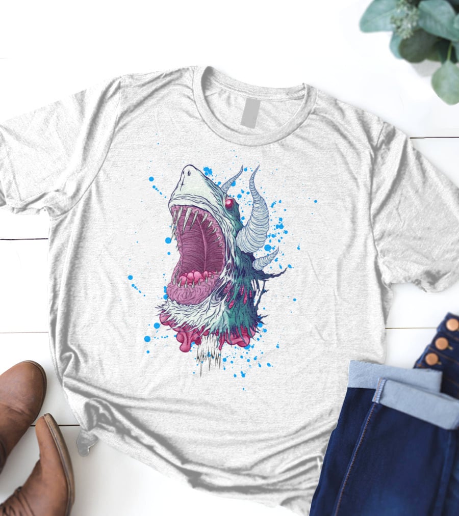 Monster Shark Scream With Horns And Splatter T-Shirt