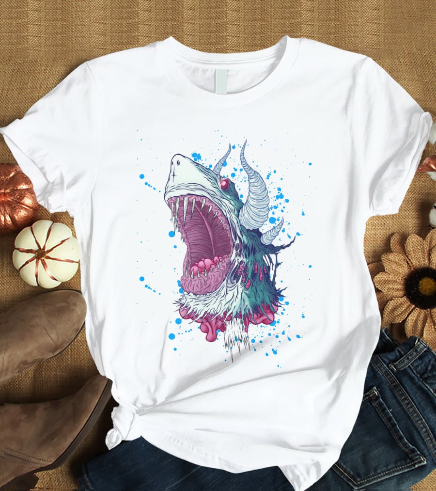 Monster Shark Scream With Horns And Splatter T-Shirt