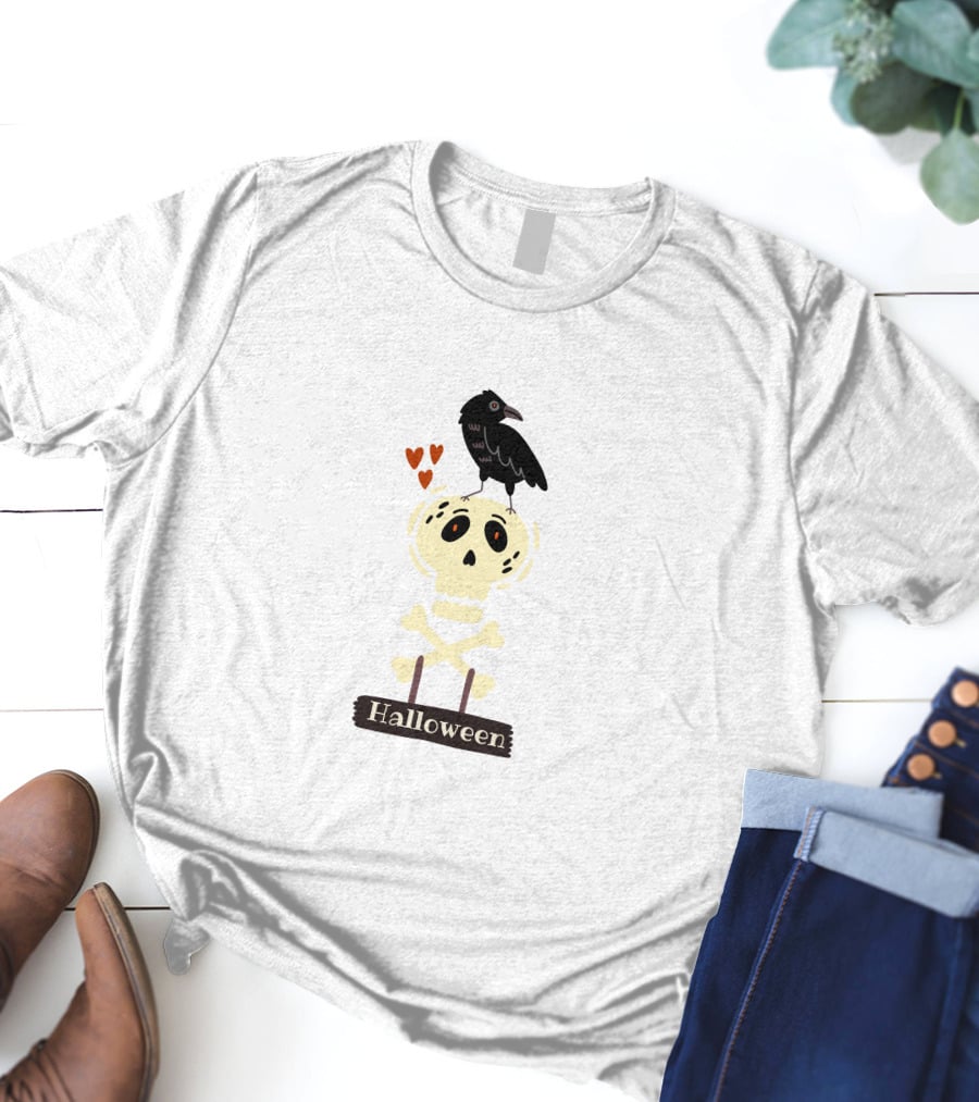 Halloween Skeleton Skull With Raven And Hearts T-Shirt