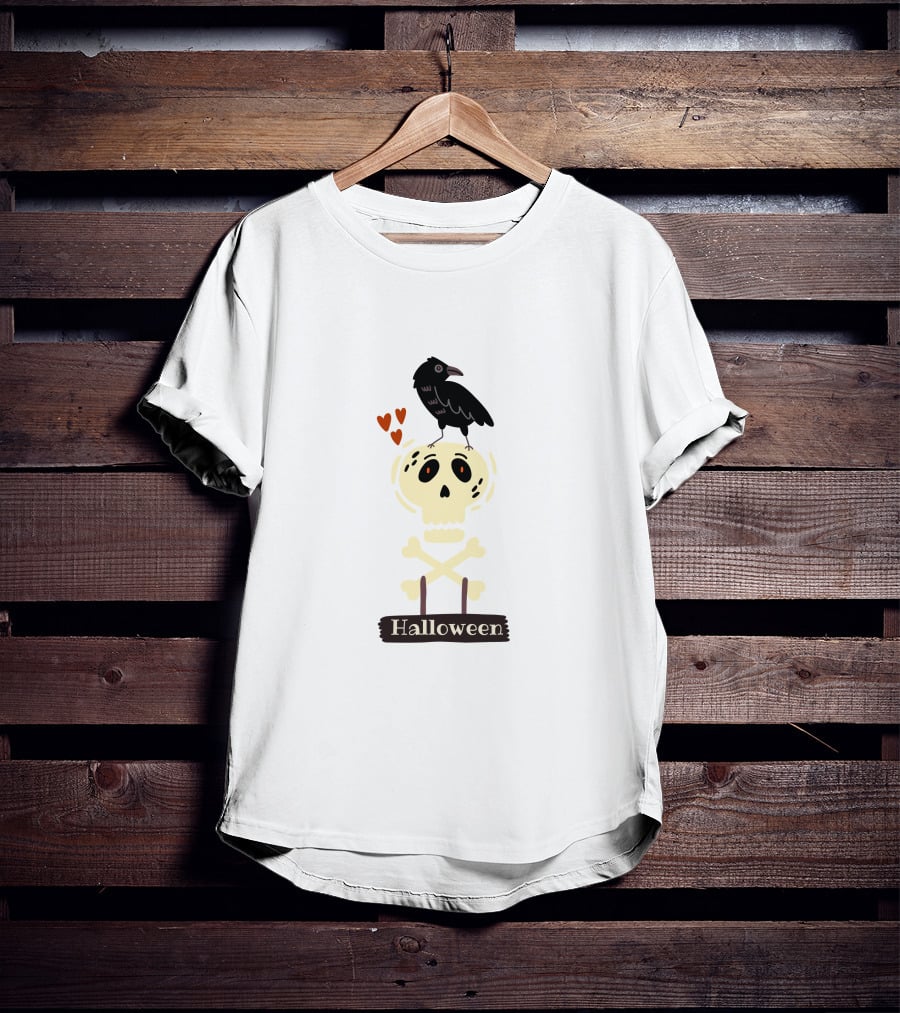 Halloween Skeleton Skull With Raven And Hearts T-Shirt