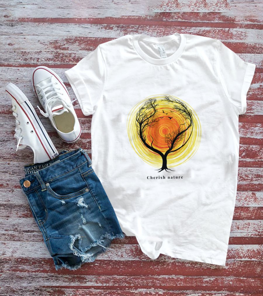 Cherish Nature Tree Silhouette With Birds And Vibrant Spiral Sun T-Shirt