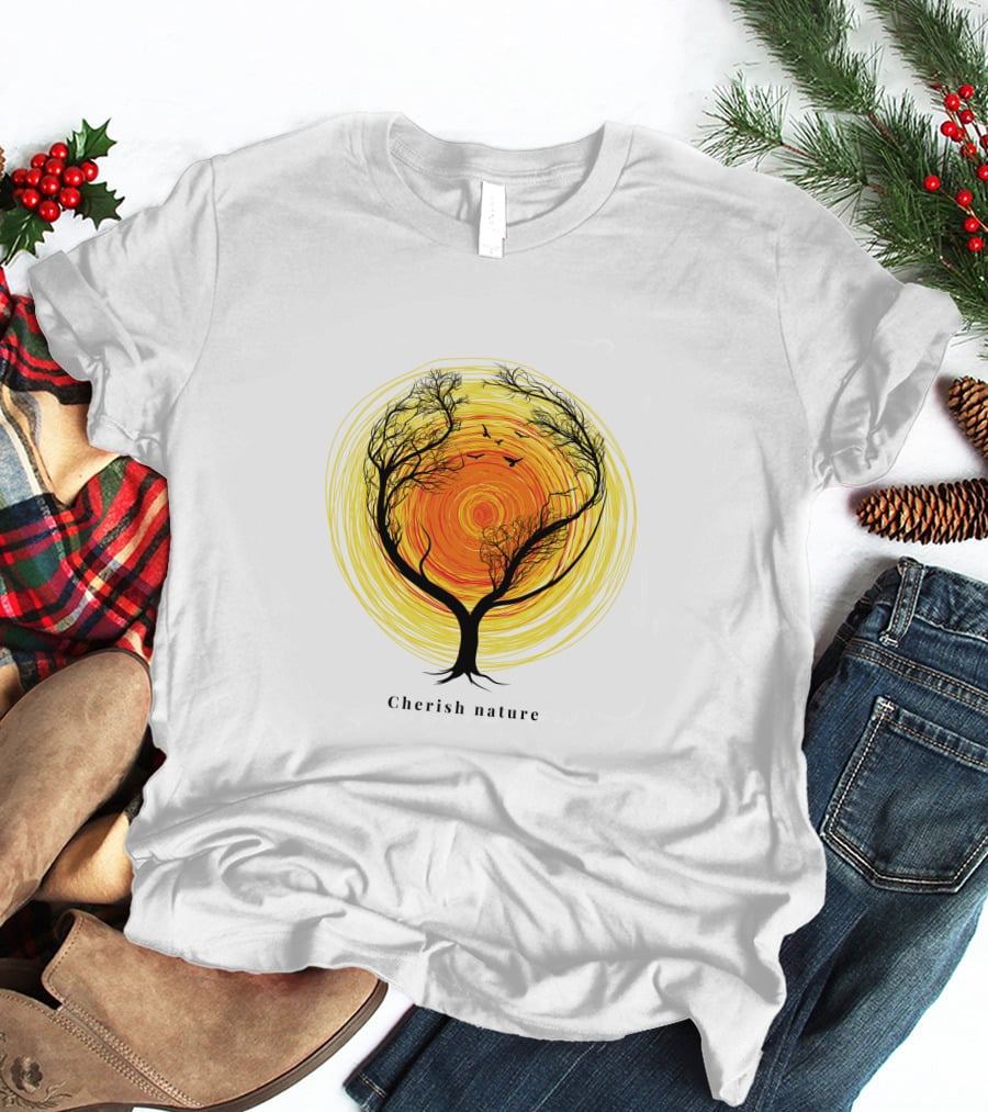Cherish Nature Tree Silhouette With Birds And Vibrant Spiral Sun T-Shirt