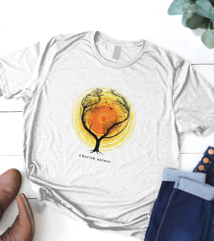 Cherish Nature Tree Silhouette With Birds And Vibrant Spiral Sun T-Shirt