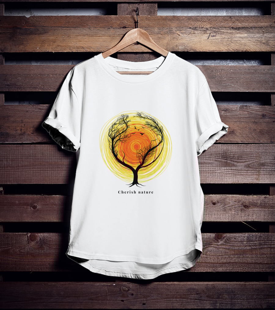 Cherish Nature Tree Silhouette With Birds And Vibrant Spiral Sun T-Shirt