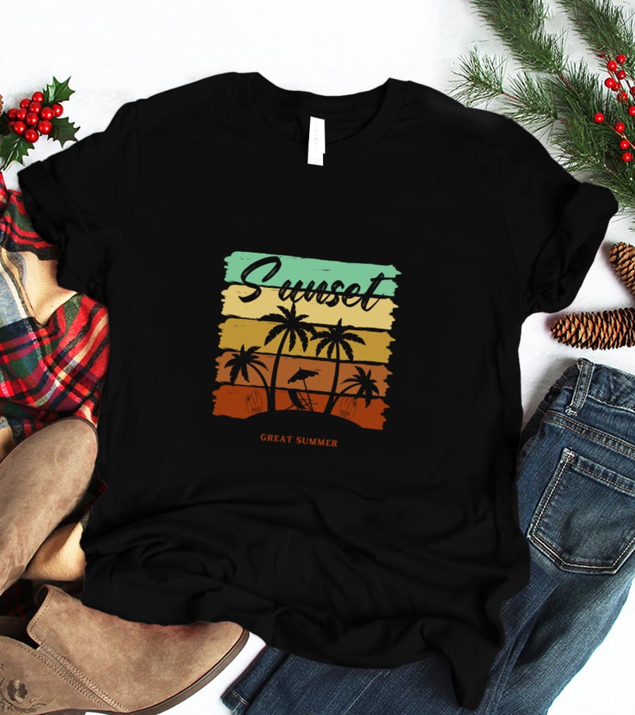 Sunset Great Summer Palm Trees Beach Scene T-Shirt
