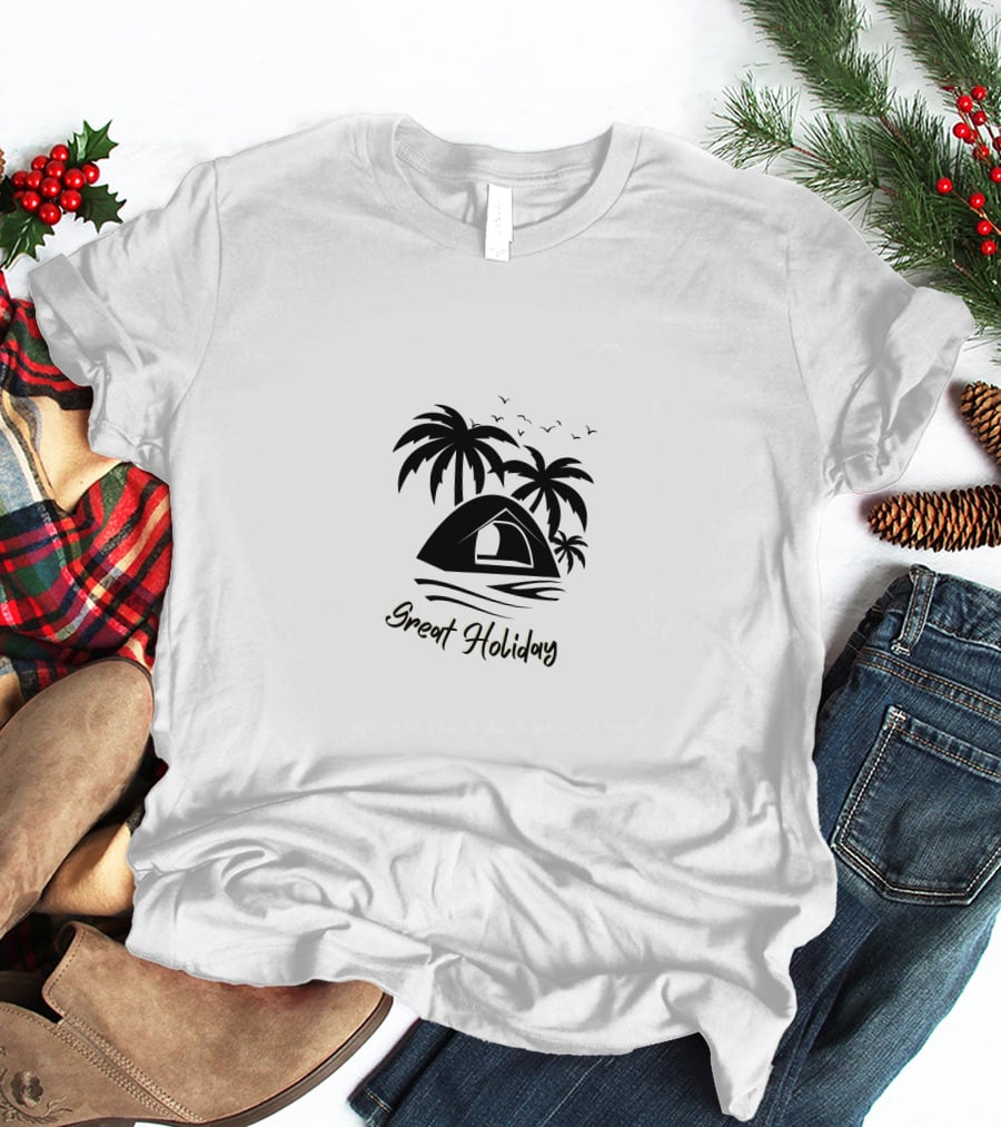 Great Holiday Camping Beach Tent Palm Trees Seagulls T-Shirt