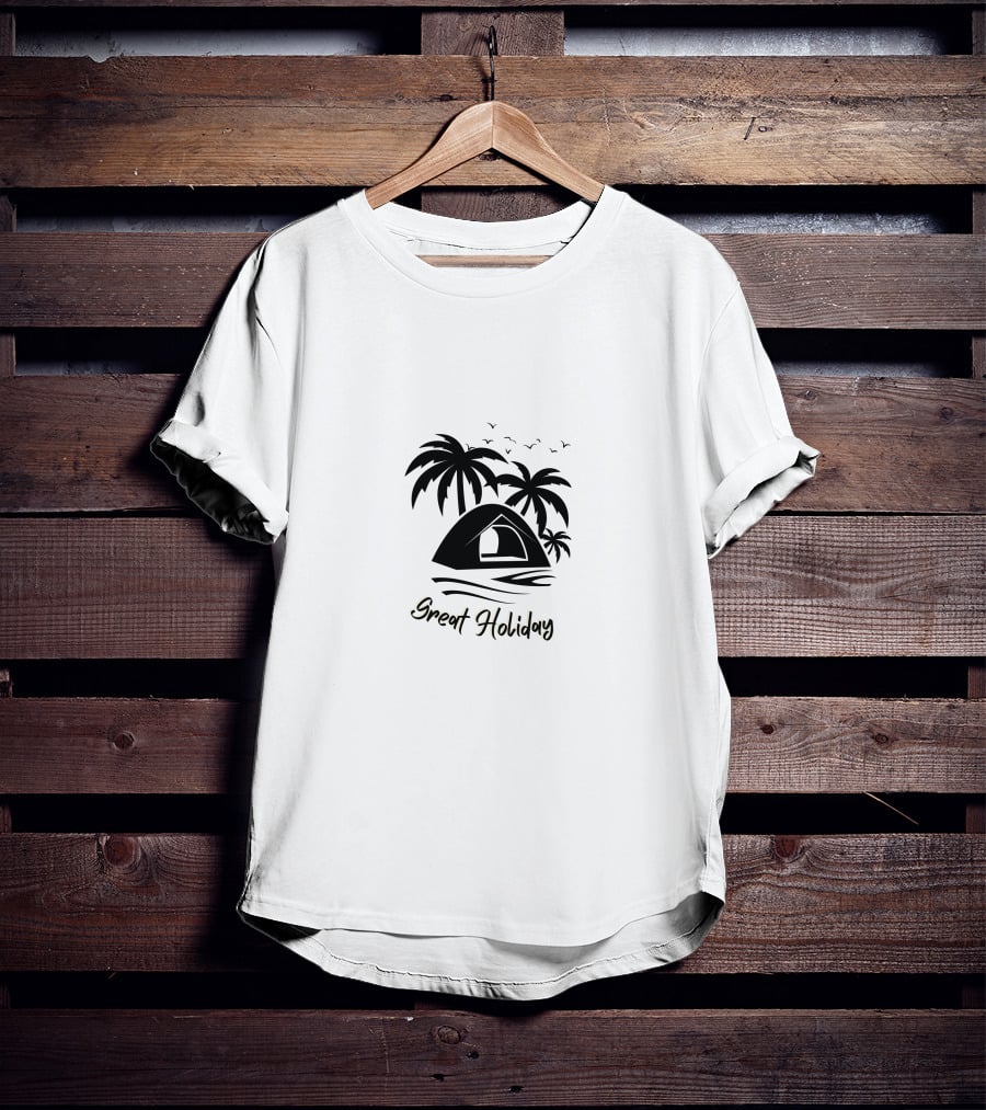 Great Holiday Camping Beach Tent Palm Trees Seagulls T-Shirt