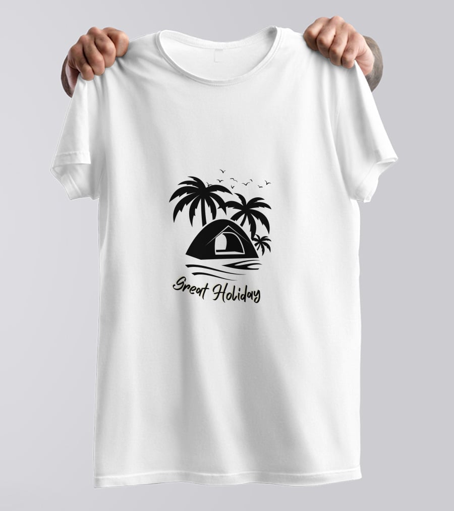 Great Holiday Camping Beach Tent Palm Trees Seagulls T-Shirt