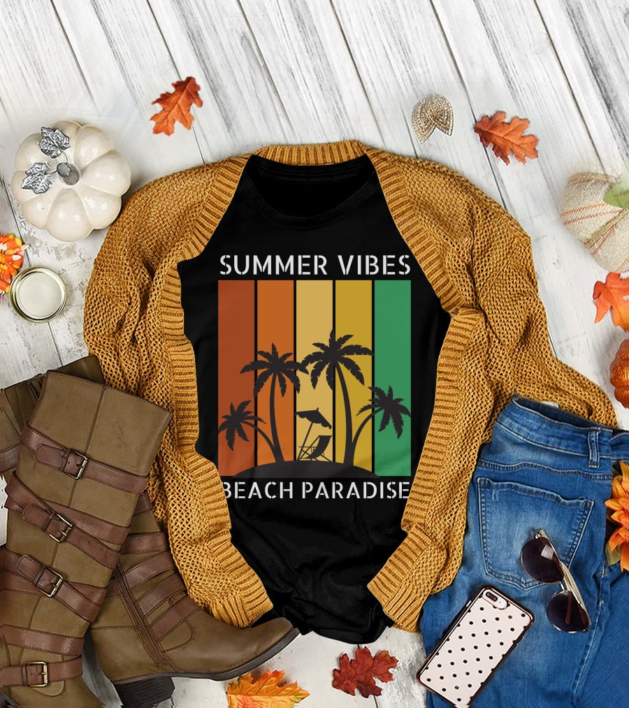 SUMMER VIBES BEACH PARADISE Palm Trees And Lounge Chair On Sunset Stripes T-Shirt