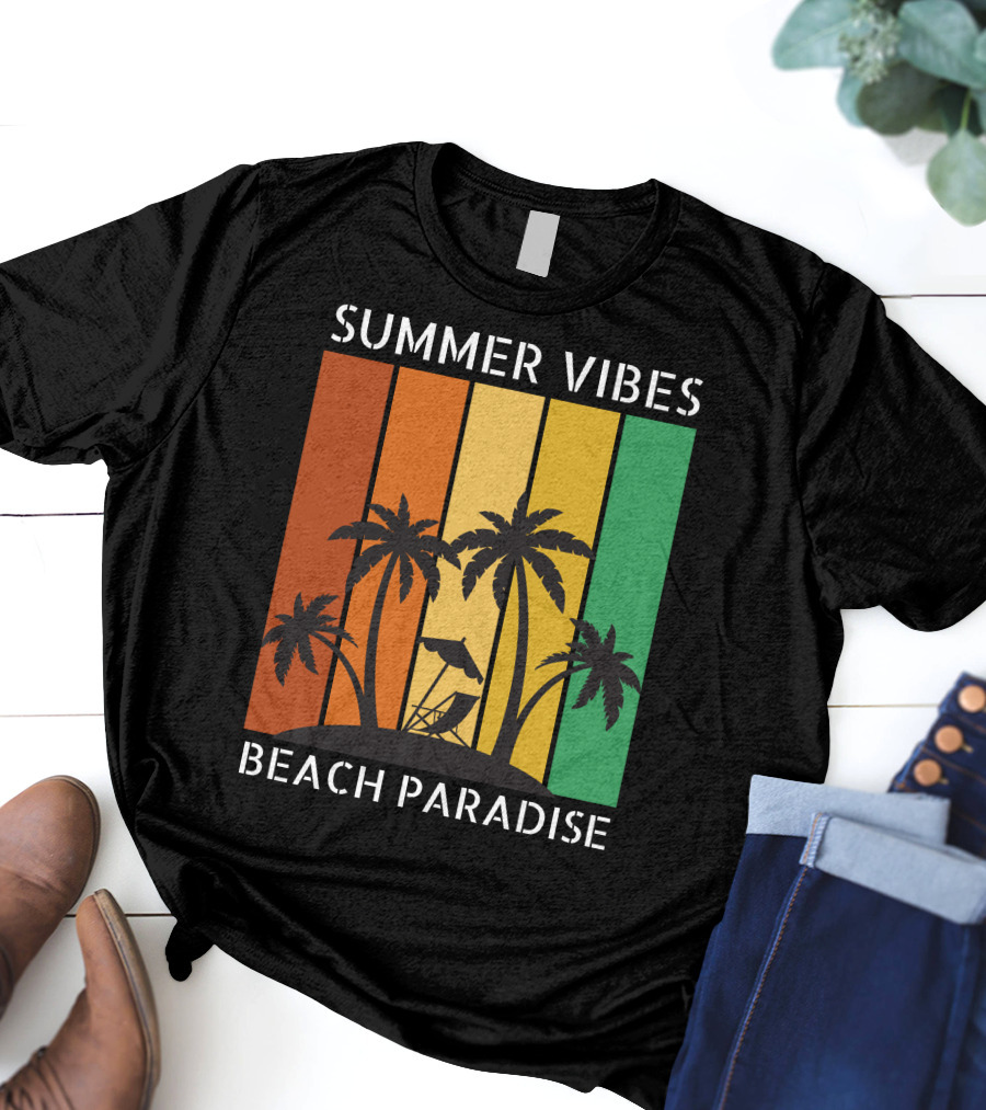 SUMMER VIBES BEACH PARADISE Palm Trees And Lounge Chair On Sunset Stripes T-Shirt
