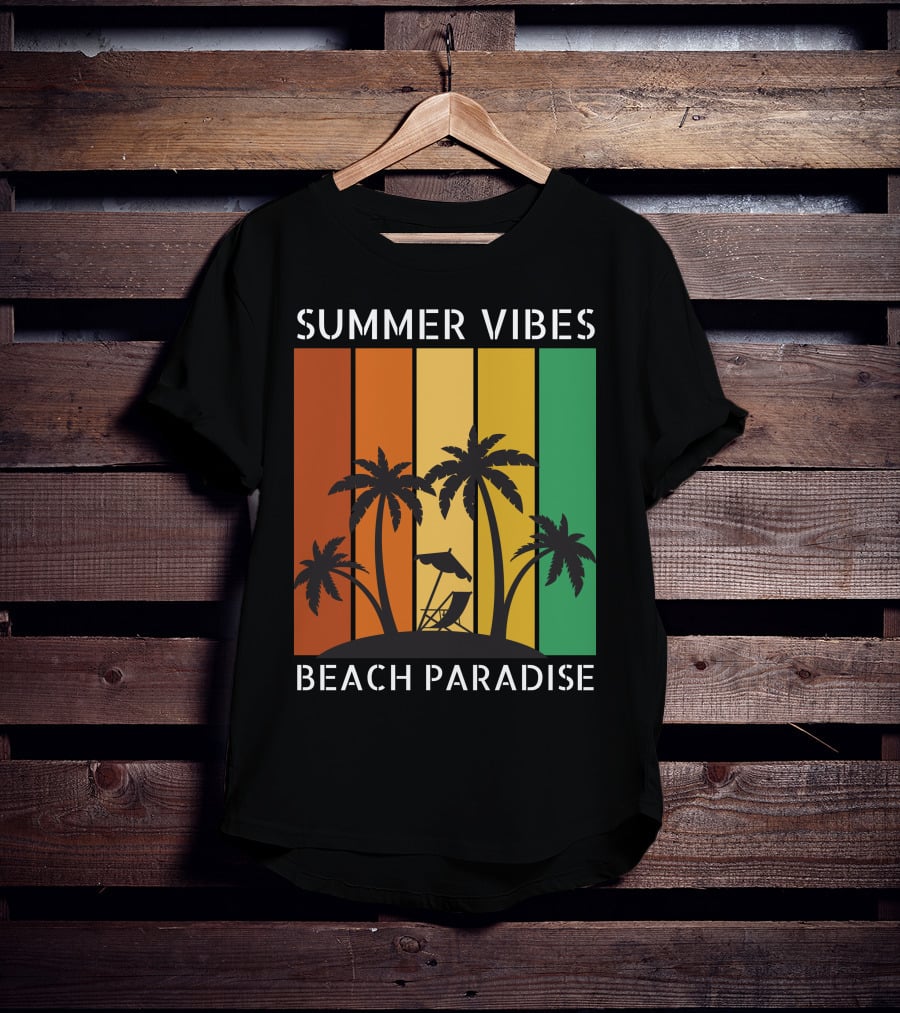 SUMMER VIBES BEACH PARADISE Palm Trees And Lounge Chair On Sunset Stripes T-Shirt