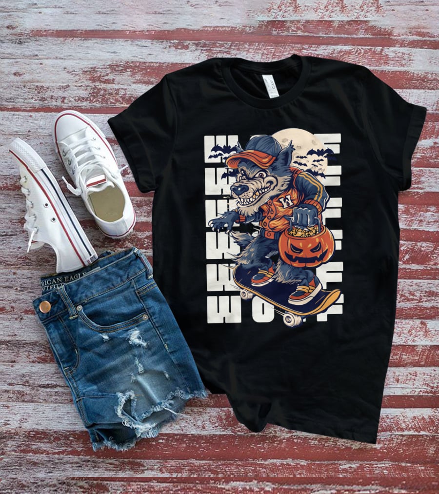 Wolf Trick-or-Treat Skateboarder With Pumpkin And Moon T-Shirt