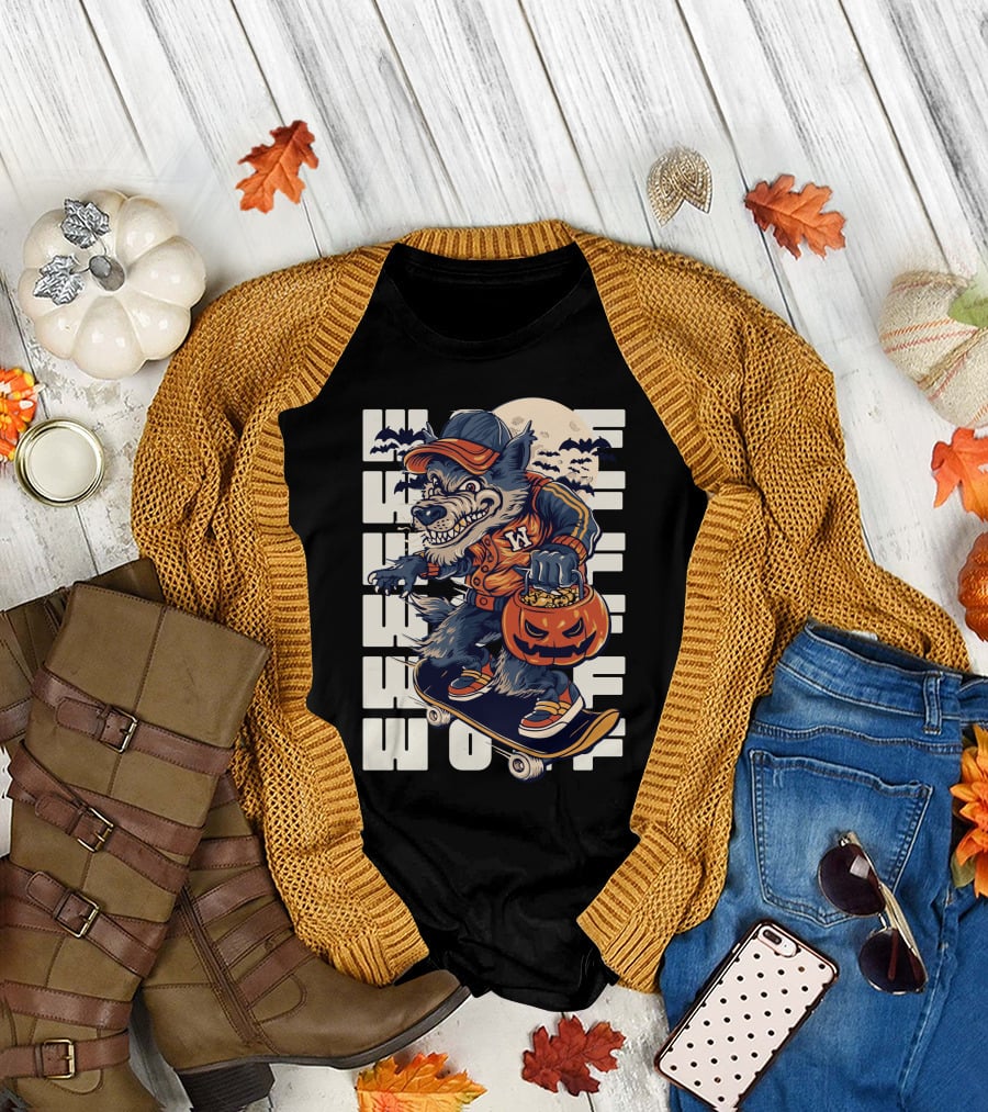 Wolf Trick-or-Treat Skateboarder With Pumpkin And Moon T-Shirt