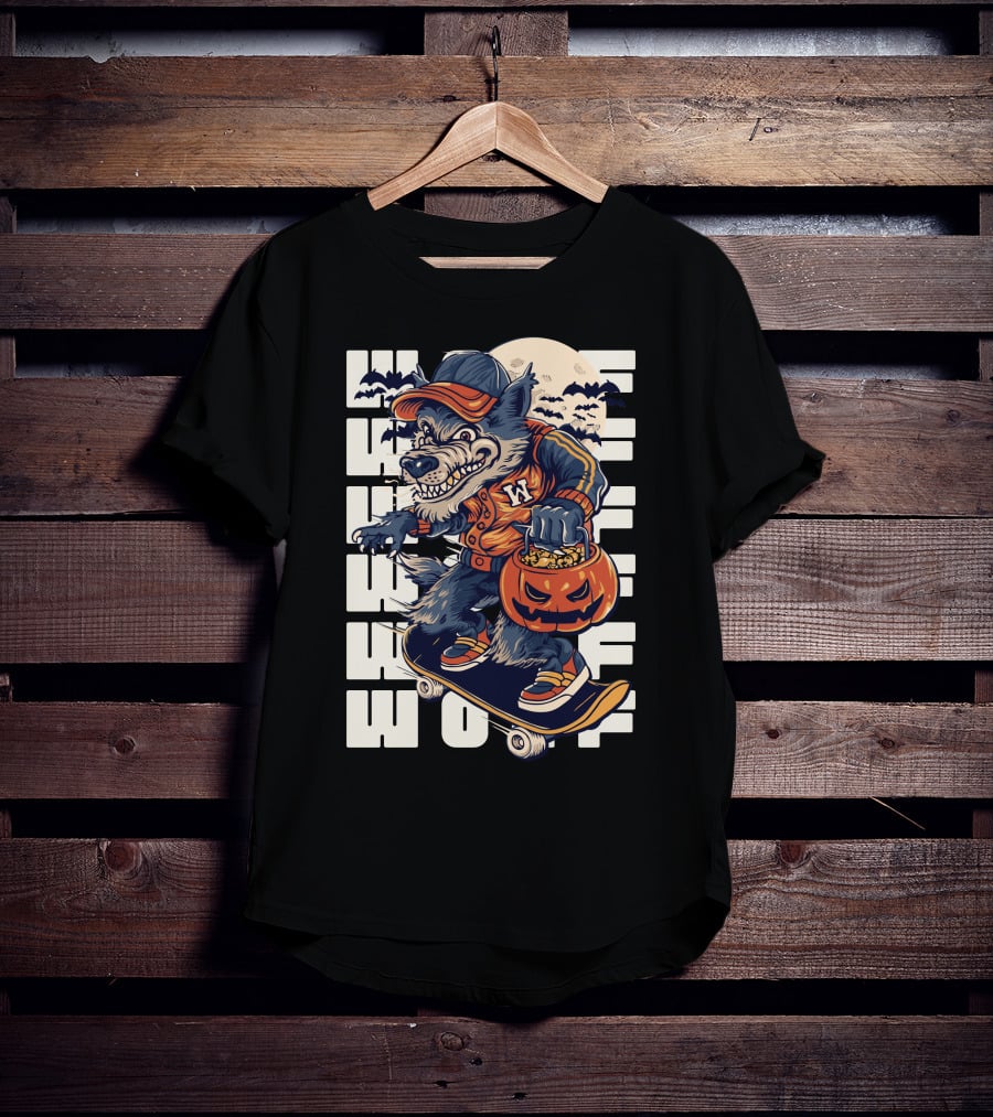Wolf Trick-or-Treat Skateboarder With Pumpkin And Moon T-Shirt