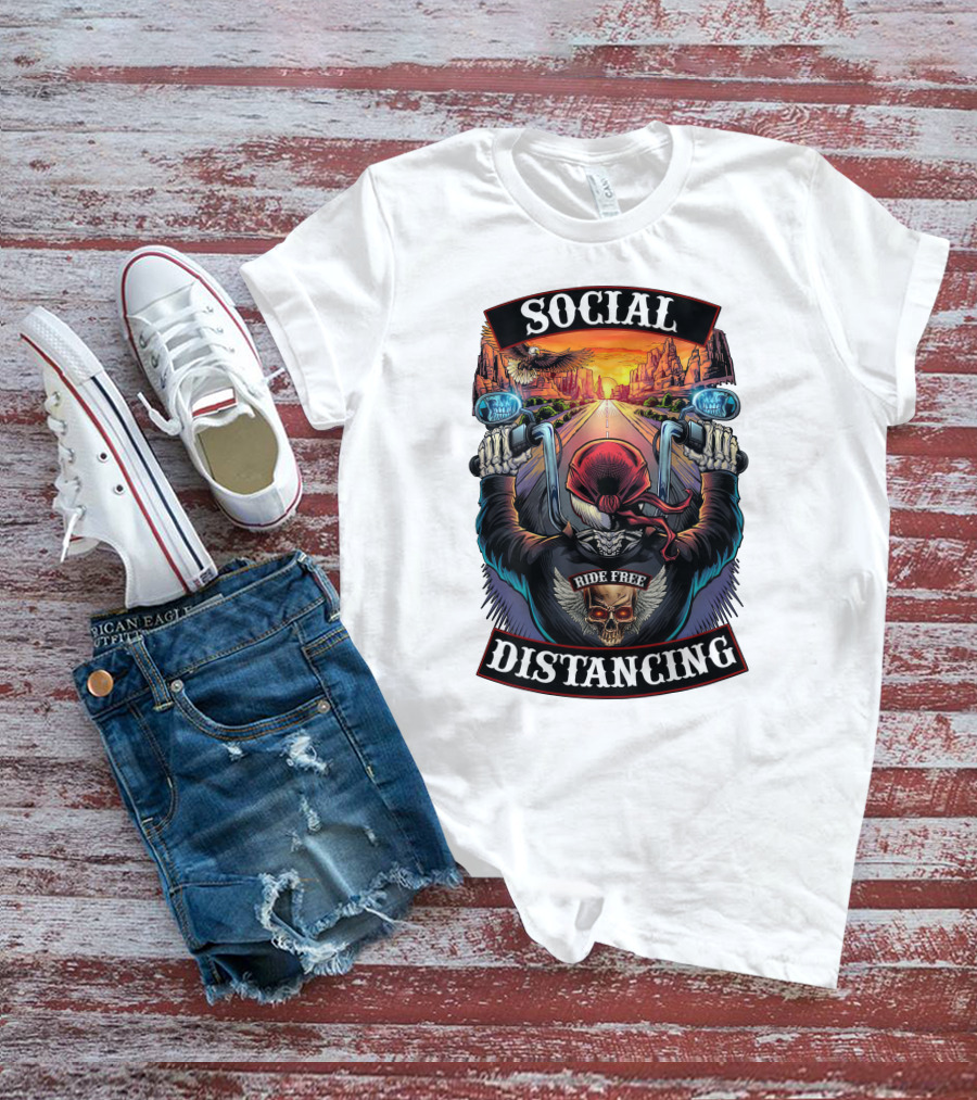 Social Distancing Ride Free Biker Skull Chicano Crew Motorcycle T-Shirt