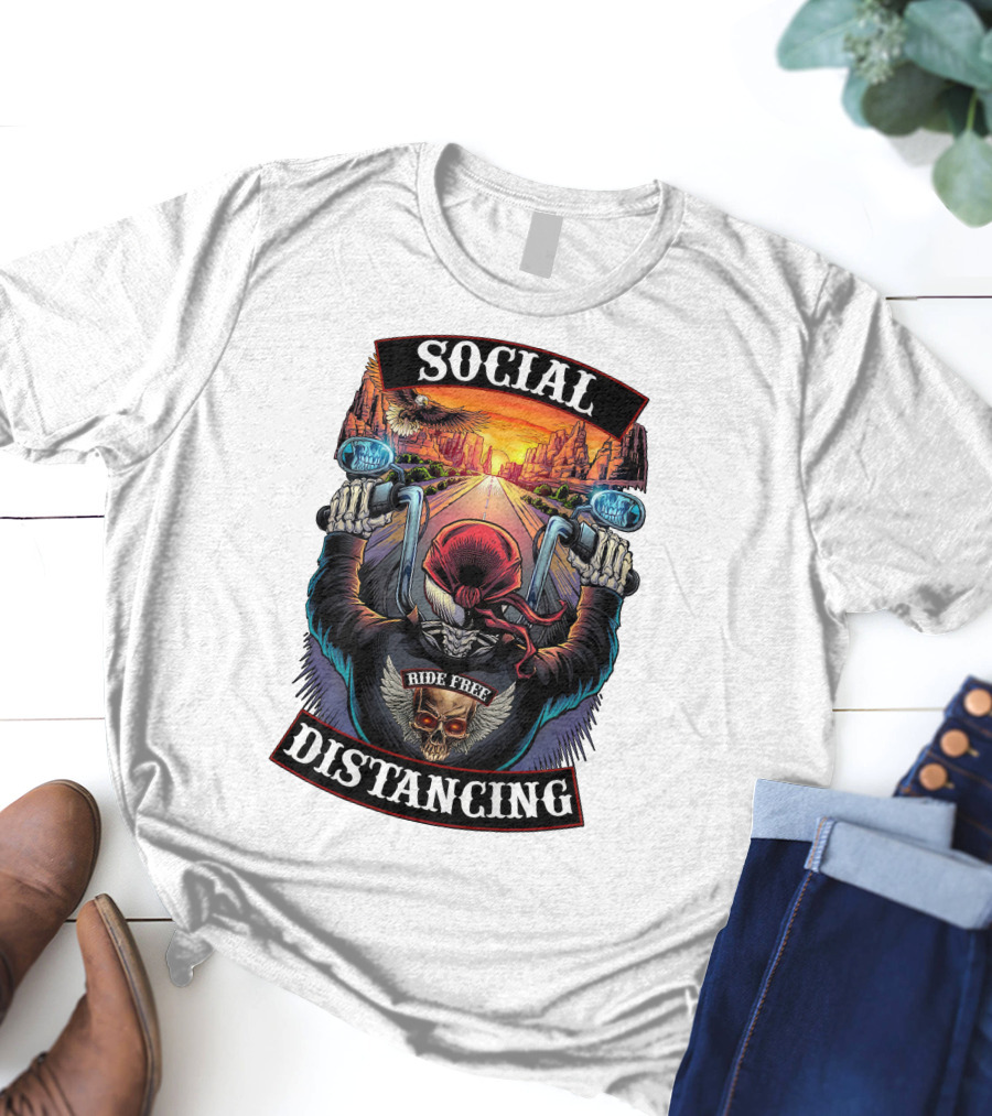 Social Distancing Ride Free Biker Skull Chicano Crew Motorcycle T-Shirt
