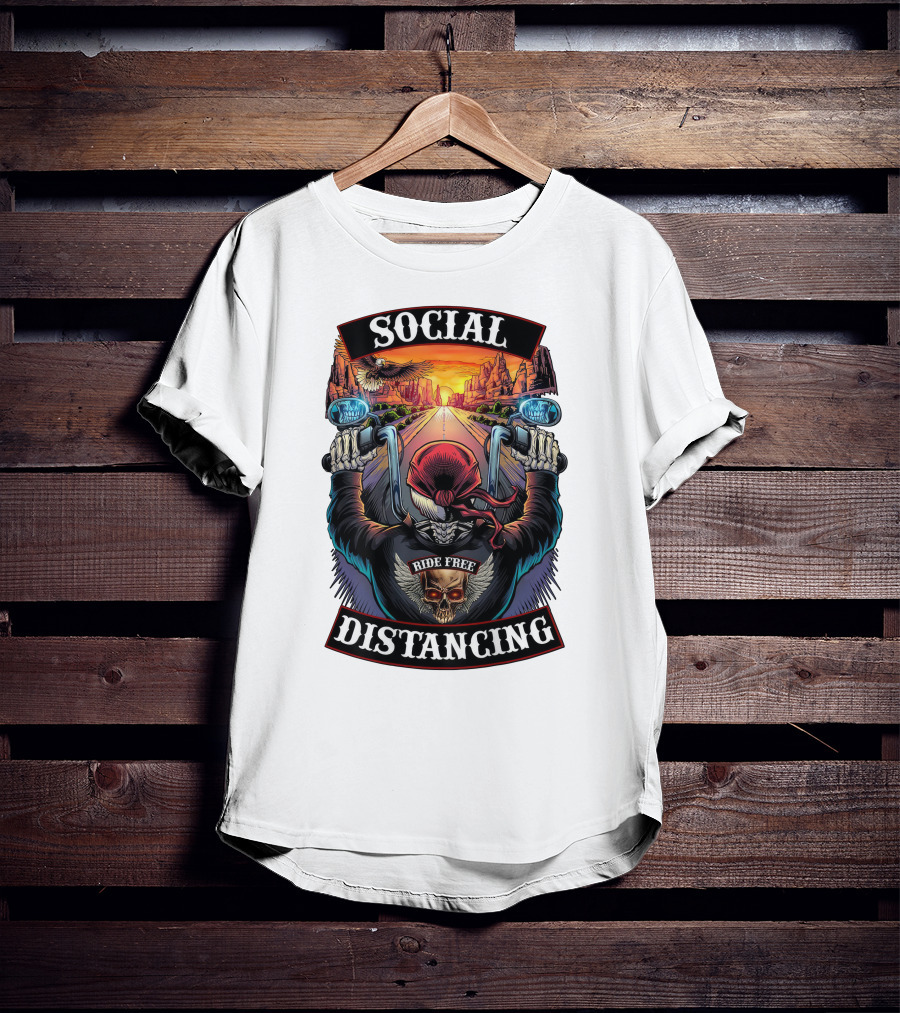 Social Distancing Ride Free Biker Skull Chicano Crew Motorcycle T-Shirt