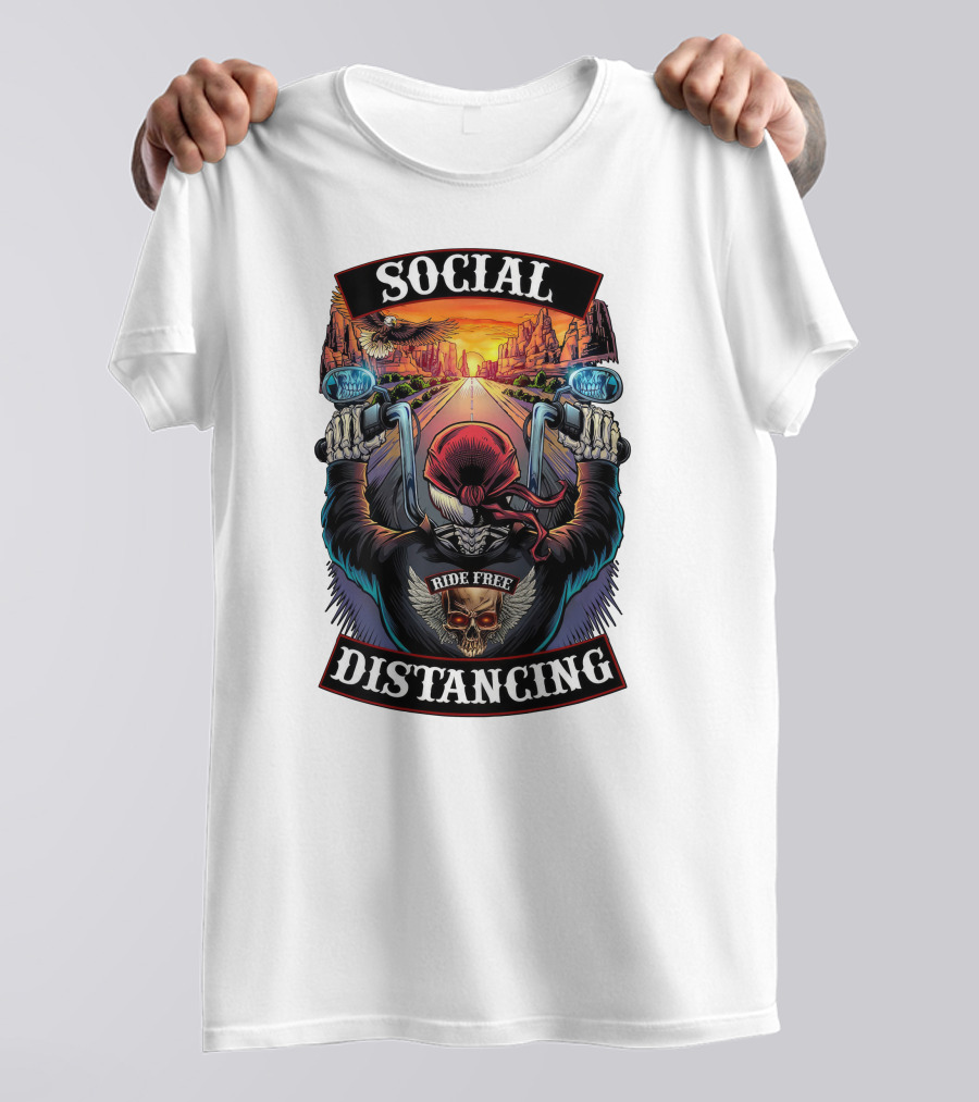 Social Distancing Ride Free Biker Skull Chicano Crew Motorcycle T-Shirt