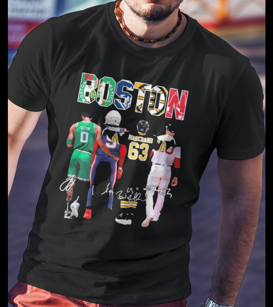 Boston Celtics Patriots Bruins Red Sox Tatum Iddon Marchand Signatures T-Shirt