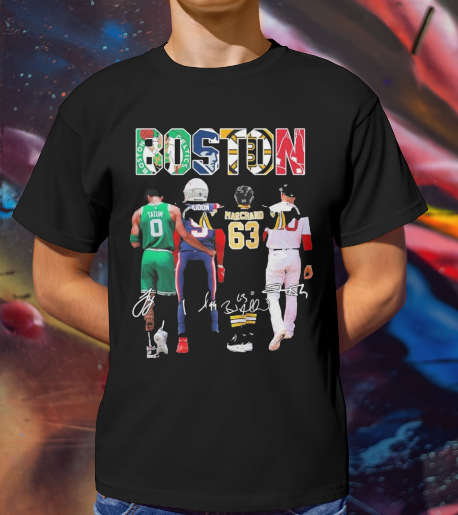 Boston Celtics Patriots Bruins Red Sox Tatum Iddon Marchand Signatures T-Shirt