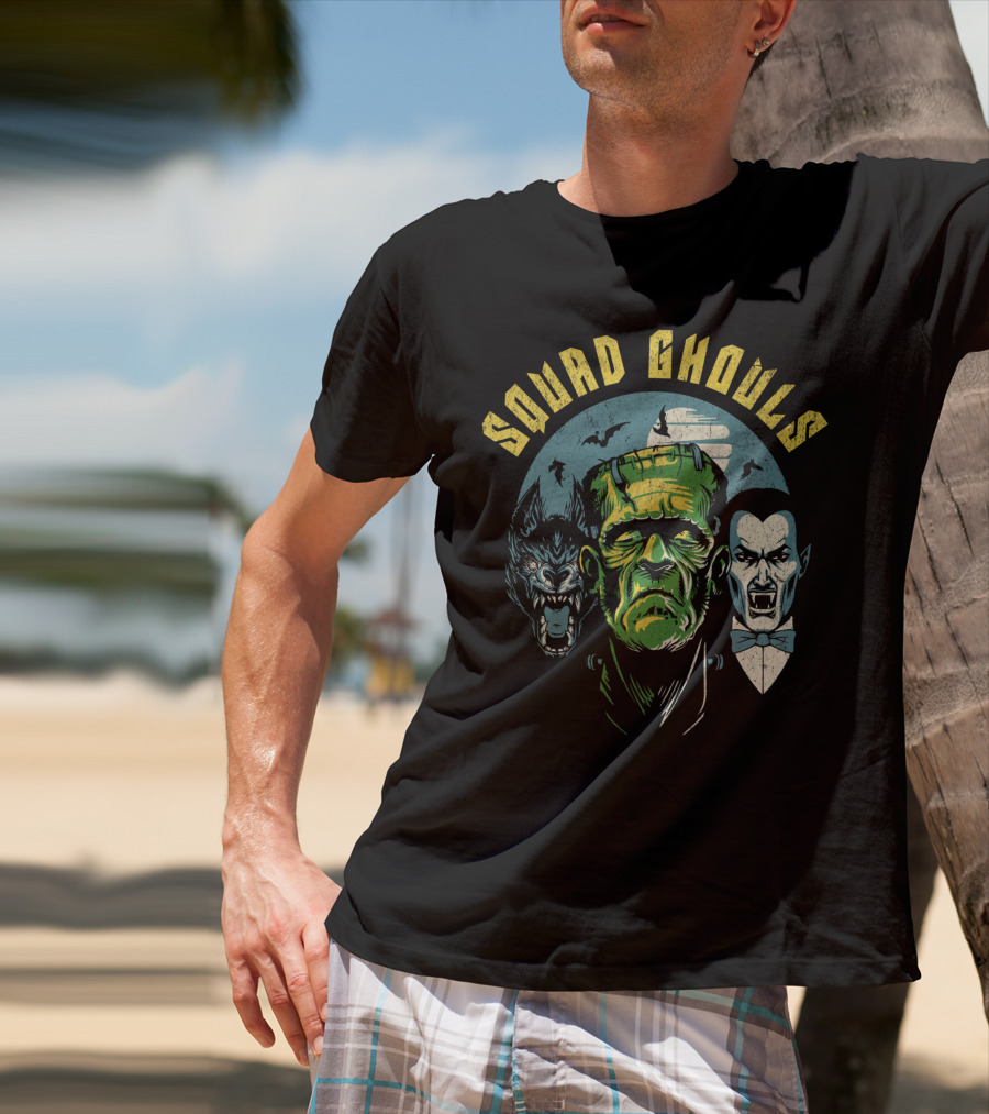 Squad Ghouls Frankenstein Dracula Werewolf Halloween Characters T-Shirt
