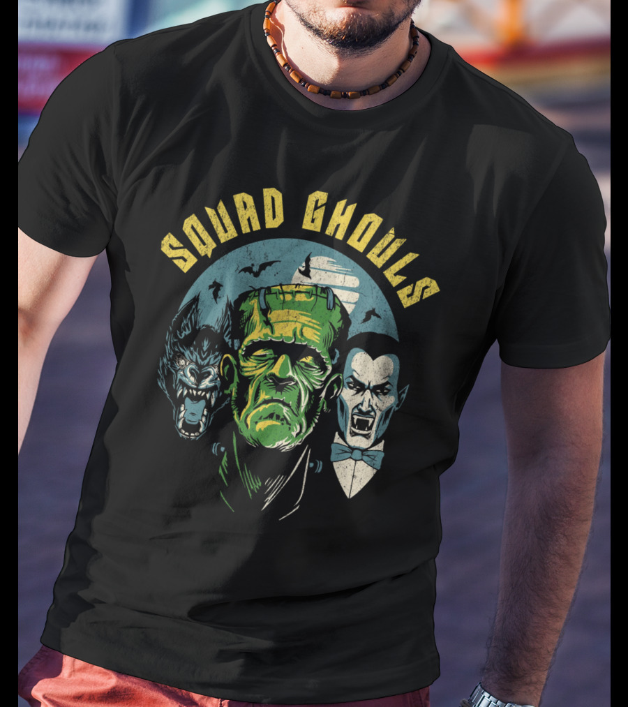 Squad Ghouls Frankenstein Dracula Werewolf Halloween Characters T-Shirt