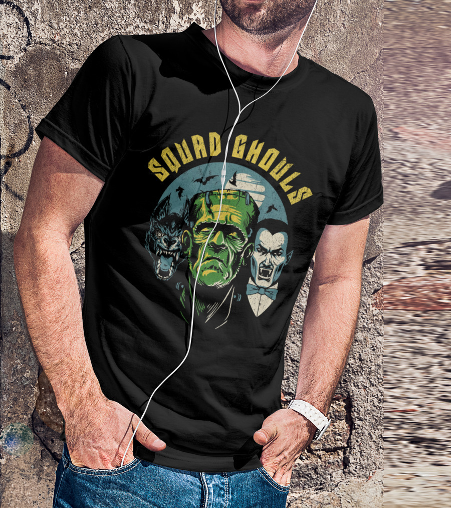 Squad Ghouls Frankenstein Dracula Werewolf Halloween Characters T-Shirt