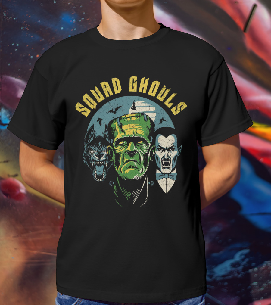 Squad Ghouls Frankenstein Dracula Werewolf Halloween Characters T-Shirt