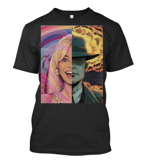 Discussingfilm Barbie Vs Oppenheimer Jonattfieldart Rainbow Explosion Duality T-Shirt