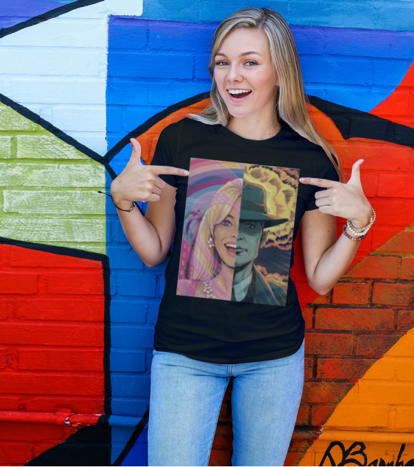 Discussingfilm Barbie Vs Oppenheimer Jonattfieldart Rainbow Explosion Duality T-Shirt
