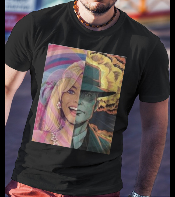 Discussingfilm Barbie Vs Oppenheimer Jonattfieldart Rainbow Explosion Duality T-Shirt