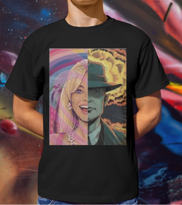 Discussingfilm Barbie Vs Oppenheimer Jonattfieldart Rainbow Explosion Duality T-Shirt